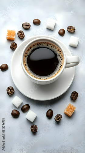 Coffee cup, sugar, beans, top view photo