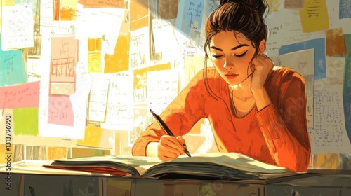Intent Concentration: Young woman engrossed in meticulous writing with a pen