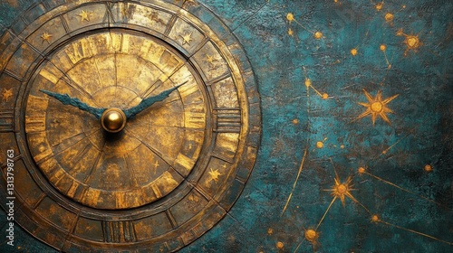 Ancient ornate clock with zodiac constellations on textured blue background