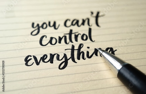 Close up calligraphy handwriting text quote about controlling everything. Business, life coaching motivational concept. Overcoming fears, stress. Inspirational message on paper with pen near words.