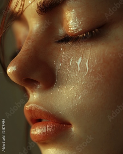 A close-up shot of a woman's tearful face
