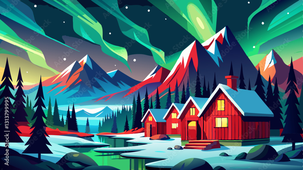 Αυτοκόλλητο Northern Lights in Alaska's Mountains Over Red Cabins
