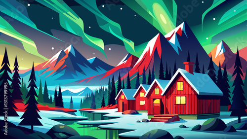 Obraz na plátně Northern Lights in Alaska's Mountains Over Red Cabins