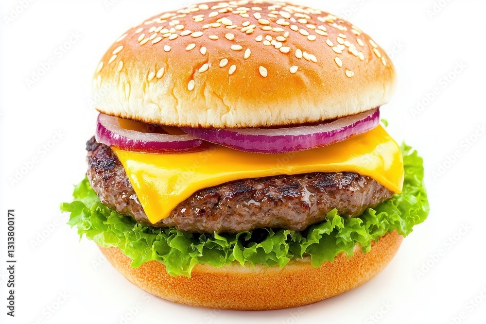 Delicious Classic Hamburger on White Background with Cheese Red Onion and Fresh Green Lettuce
