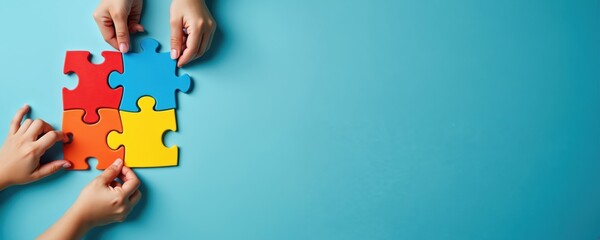 Top view of child hands arranging color puzzle. Symbol of awareness for autism spectrum disorder on blue background. Conceptual image for Autism Awareness Day month. Intellectual, mental health