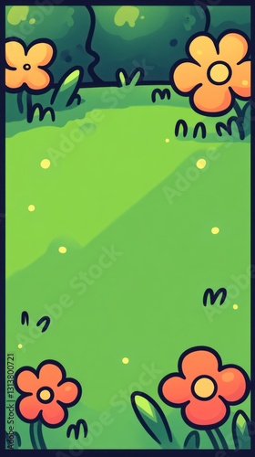 Cartoon field, orange flowers blooming in a sunny meadow, stylized background, green grass, trees