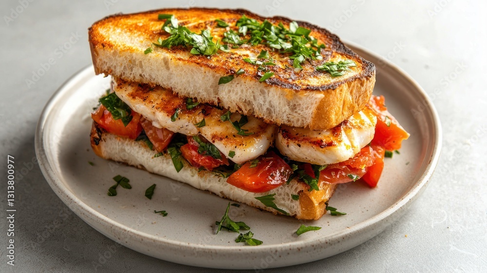 Tasty grilled fish sandwich with toasted bread tomato and parsley on plate gourmet style Tasty grilled fish sandwich with toasted bread tomato and parsley on plate gourmet style