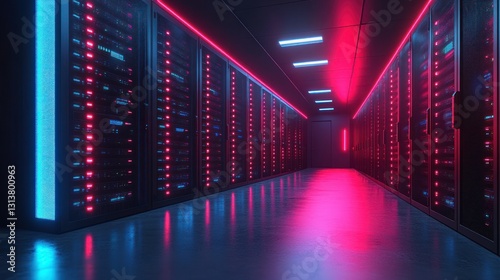 Dark server room lit with neon