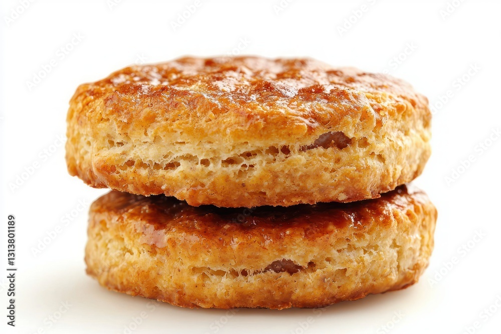 Two Freshly Baked Biscuits Stacked High with a Golden Brown Crust on a Clean White Background for Editorial Use Two Freshly Baked Biscuits Stacked High with a Golden Brown Crust on a Clean White Background for Editorial Use