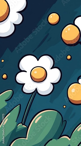 Cartoon Flowers Bloom in a Field with Abstract Blue Sky Background