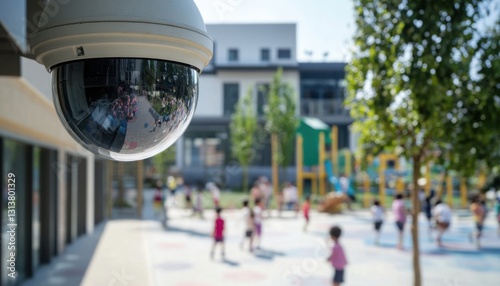 Security camera overlooking a playground filled with children.