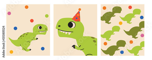 Cartoon cute dinosaur T-Rex for birthday party. Baby Dino tyranosaurus with party hat Jurassic colorful animal raptor for baby shower and invitation. Prehistoric dragon in flat style.