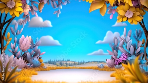 Cartoon flowers frame open field. Blue sky with clouds backdrop. Colorful nature landscape setting