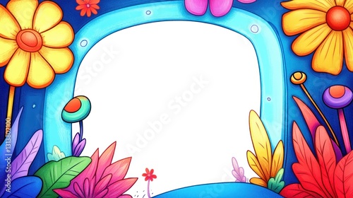 Cartoon flowers surround blank TV screen in vibrant whimsical garden setting