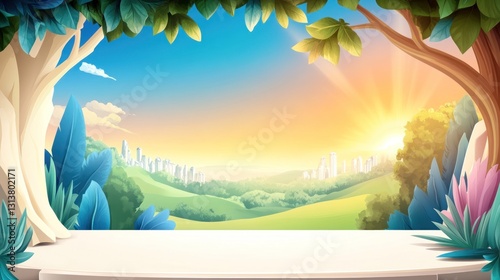 Cartoon forest arch frames distant city skyline against sunny, hilly, landscape background