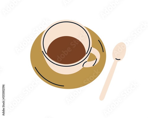 Coffee cup on saucer, spoon. Espresso drink. Americano, morning beverage, caffeine. Coffe mug. Left unfinished tea in teacup. Flat graphic vector illustration isolated on white background