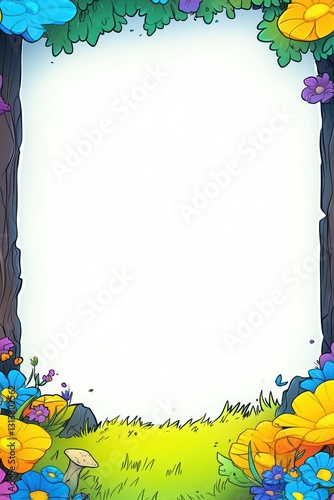Cartoon Forest Frame Flowers, grass, tree trunks around empty white space