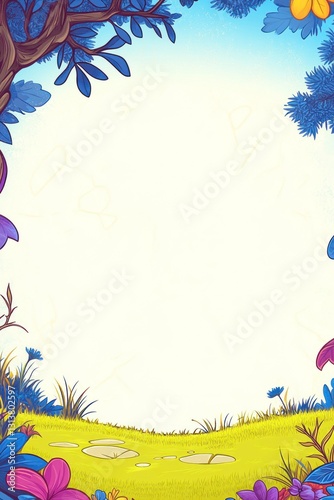 Cartoon forest frame meadow, flowers, trees, sunny sky, foliage, leaves, ground, path, fairytale, border