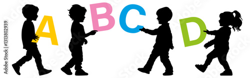 Black silhouette of children holding letters. ABC learning concept