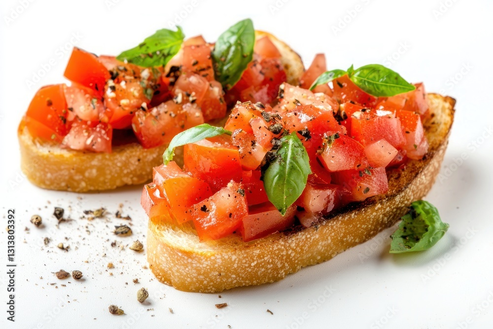 Two Bruschetta with Tomato Basil Topping Fresh Italian Appetizer Close Up Delightful Vibrant Bruschetta Recipe on White Two Bruschetta with Tomato Basil Topping Fresh Italian Appetizer Close Up Delightful Vibrant Bruschetta Recipe on White