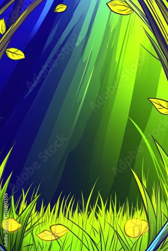 Cartoon forest scene Sunlight beams illuminate meadow, with trees framing sky