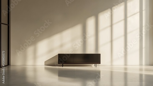 modern minimalist living room interior with dark cabinet
