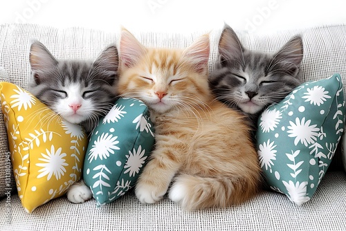 Three Kittens Napping on Pillows.