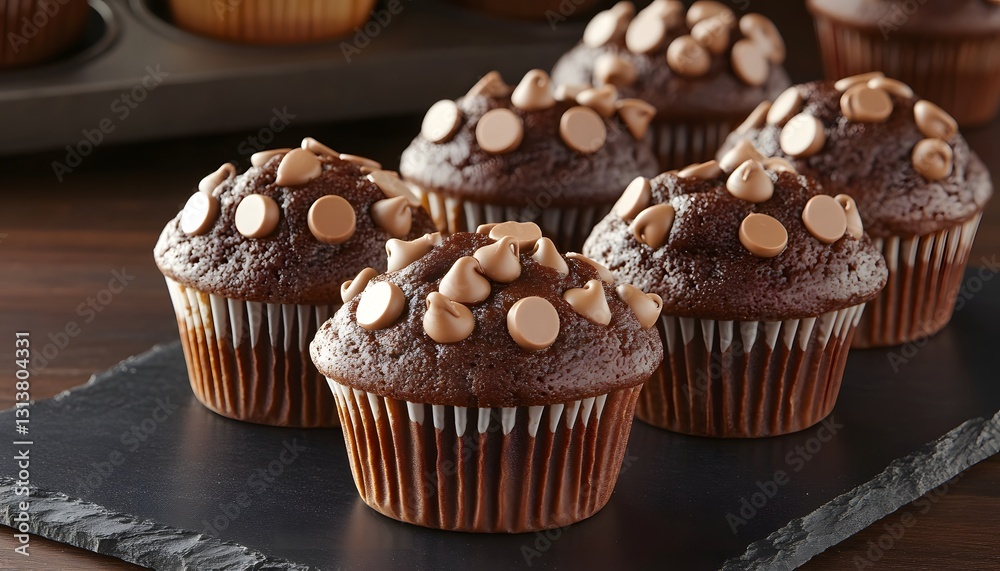 Delicious Chocolate Muffins Topped With Chocolate Chips