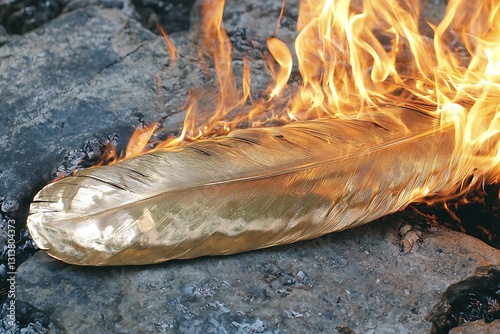 Golden Feather Burning on Rocks.