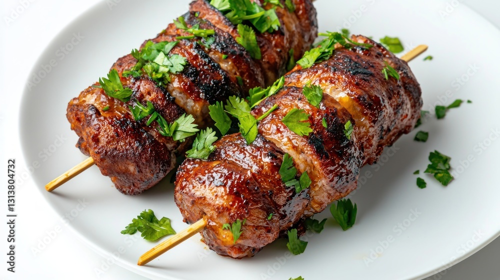 Close Up Studio Shot of Delicious Lamb Kofta Skewers with Fresh Parsley on White Dish Grill Style Close Up Studio Shot of Delicious Lamb Kofta Skewers with Fresh Parsley on White Dish Grill Style