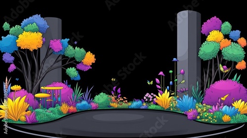 Cartoon garden pathway colourful plants, bushes, trees, and butterflies against a black background