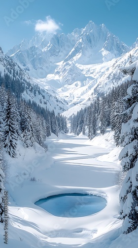 Frozen Lake for Snowy Alps, Winter Serenity.