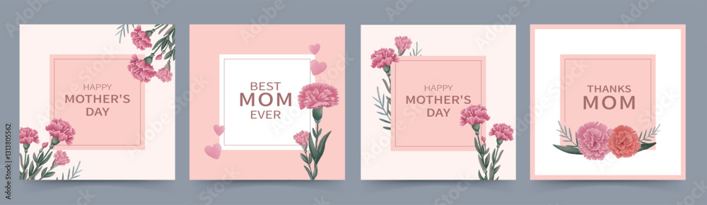 Mother's Day card template design series featuring hand painted watercolor carnations and heart elements. Vector illustration. Mother's Day card template design series featuring hand painted watercolor carnations and heart elements. Vector illustration.