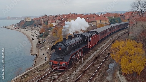 Steam Train Coastal Town Autumn Journey.