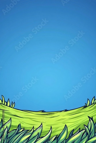 Cartoon grass landscape, hill bottom, green, blades, and clear blue sky background for a calm peaceful nature scene