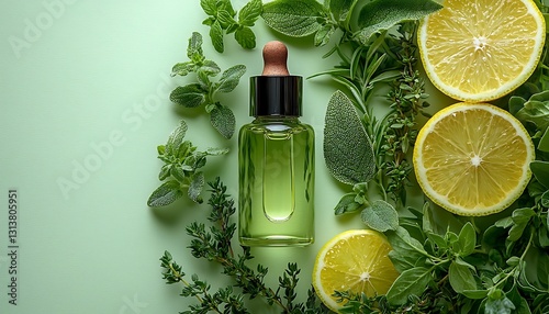 Herbal Oil for Lemon, Green Background.