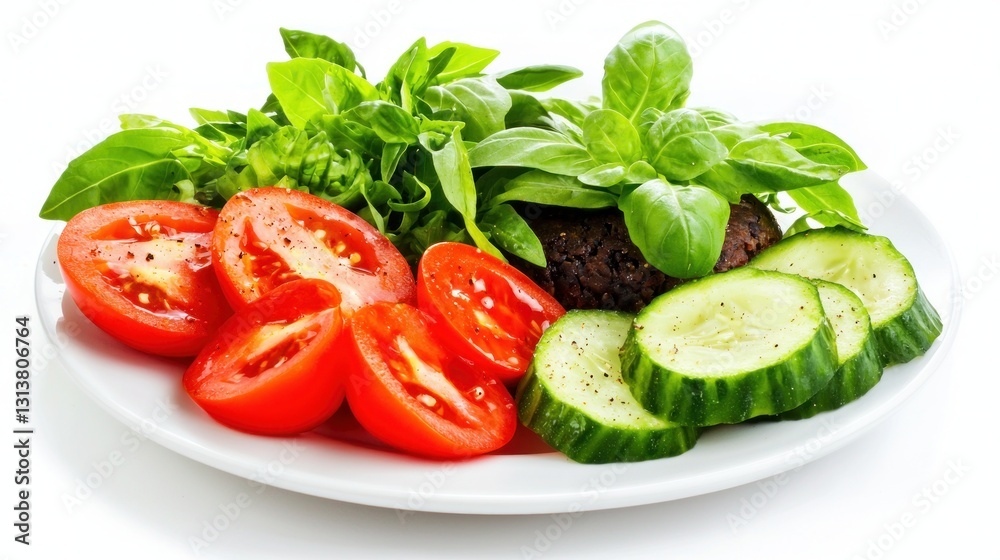 Appetizing Plate with Fresh Basil Cherry Tomatoes Cucumber and a Roasted Vegetable Cutlet Healthy Food on White Appetizing Plate with Fresh Basil Cherry Tomatoes Cucumber and a Roasted Vegetable Cutlet Healthy Food on White