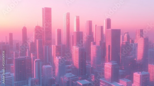 Dreamy metropolis cityscape at sunset serene skyline with modern buildings and calm ethereal vibe pastel colors and tranquil skyline view