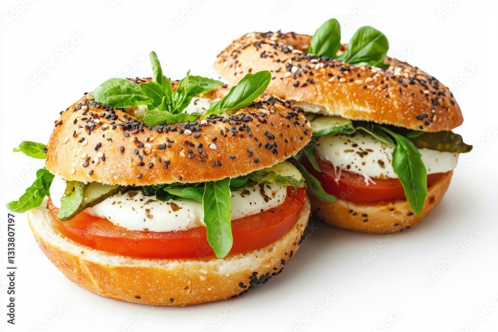 Two fresh bagels with tomato mozzarella and basil on white background for social media healthy vegetarian diet concept