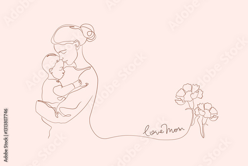 A mother gently embracing her child, adorned with carnations, in a hand-drawn continuous line art style, showcasing the beauty of maternal love.