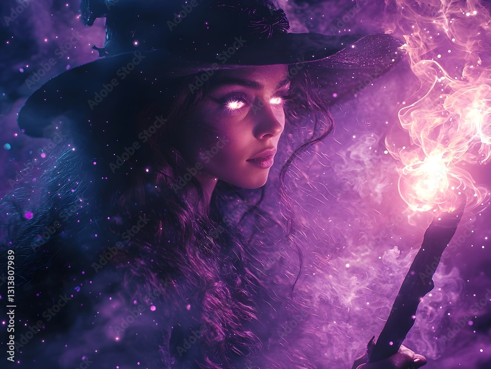Fototapeta premium Vibrant Witch Casting Glowing Spell Under Starry Purple Sky Fantasy Portrait Concept