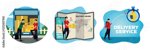 Truck loading abstract. Online order and Internet e-commerce. Fast food delivery service online.