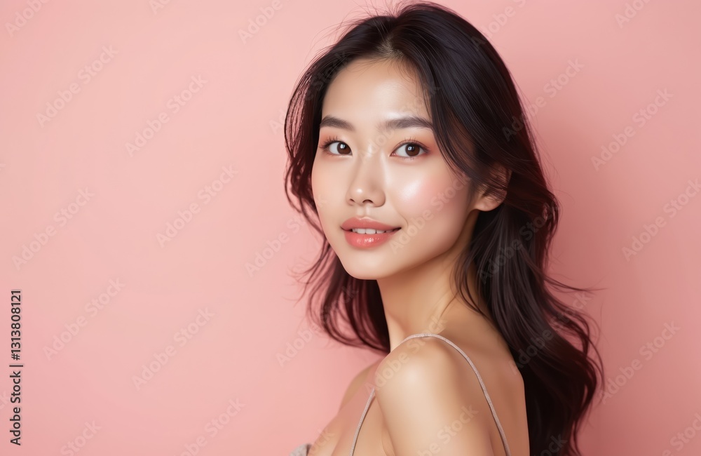 Beauty portrait asian woman with perfect healthy glow skin facial. Long brunette hair. Make-up, eye sensuality elegance. Japanese Korean skincare clear clean pretty model. Promotion spa salon, skin Beauty portrait asian woman with perfect healthy glow skin facial. Long brunette hair. Make-up, eye sensuality elegance. Japanese Korean skincare clear clean pretty model. Promotion spa salon, skin