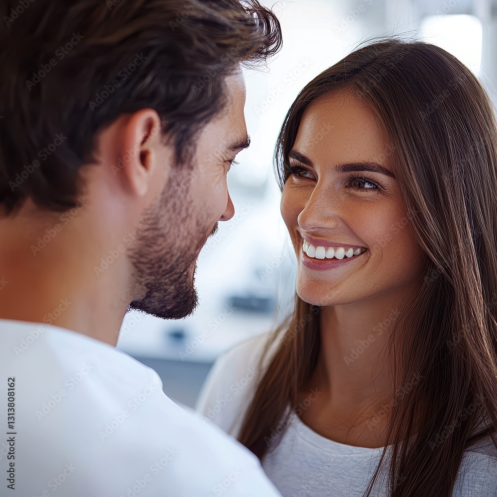 A joyful couple sharing a moment of connection, smiling at each other in a bright, intimate setting. A joyful couple sharing a moment of connection, smiling at each other in a bright, intimate setting.