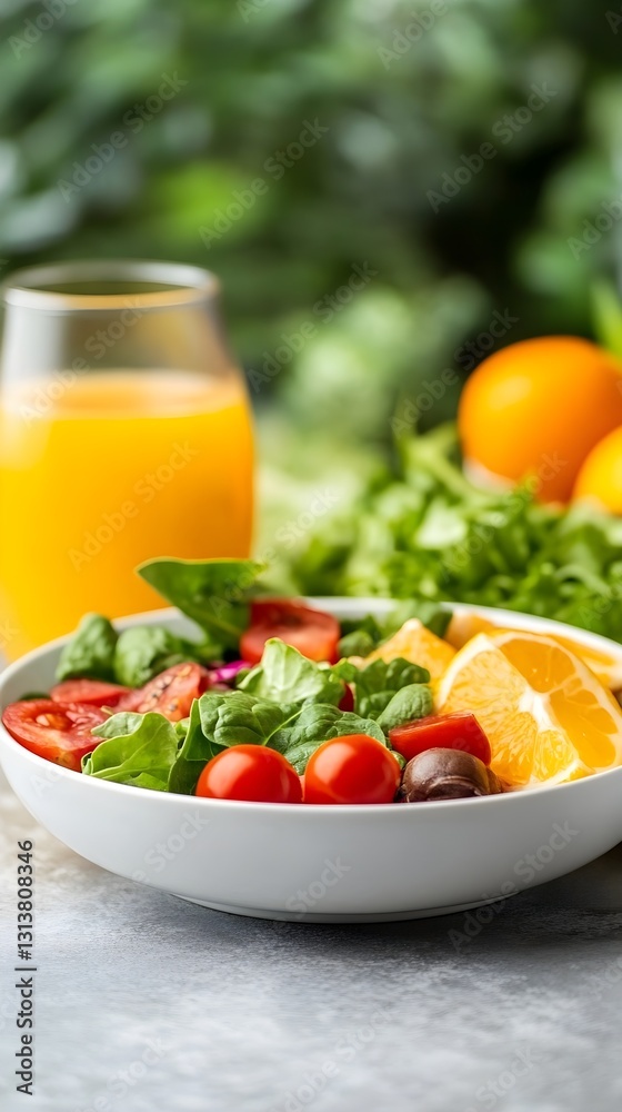 A bowl of salad with tomatoes, spinach A bowl of salad with tomatoes, spinach