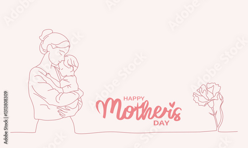 Minimalist line art Mother's Day illustration featuring a mother tenderly embracing her child, with carnations symbolizing love and warmth.