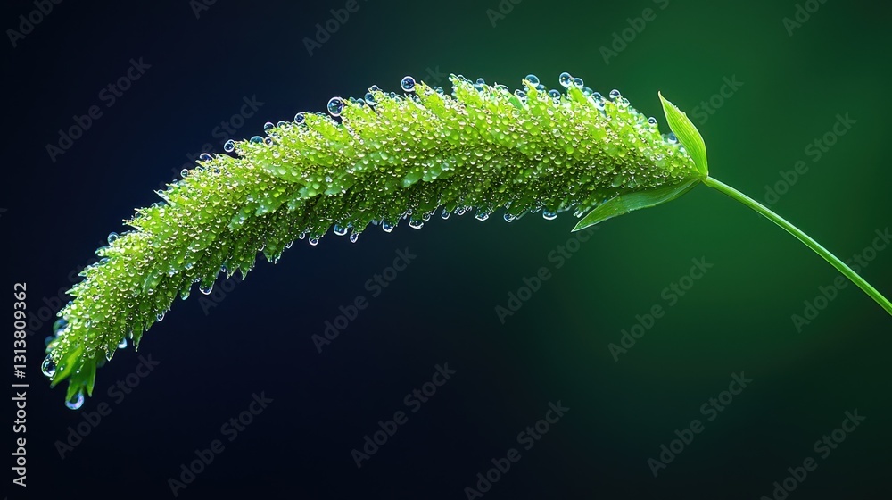 A close-up of a vibrant green plant with droplets of water, showcasing the beauty of nature and freshness.