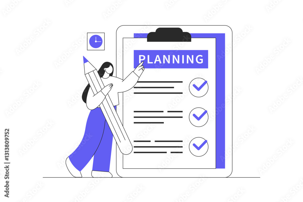 Task checklist management, clipboard with to do list to organize schedule. Woman holding pencil to tick off completed cases. Flat Cartoon Vector Illustration, icon. Stylish abstract design for website