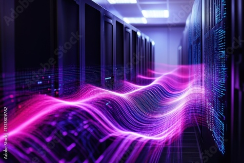 Visual representation of data flow in a modern server room with vibrant light patterns