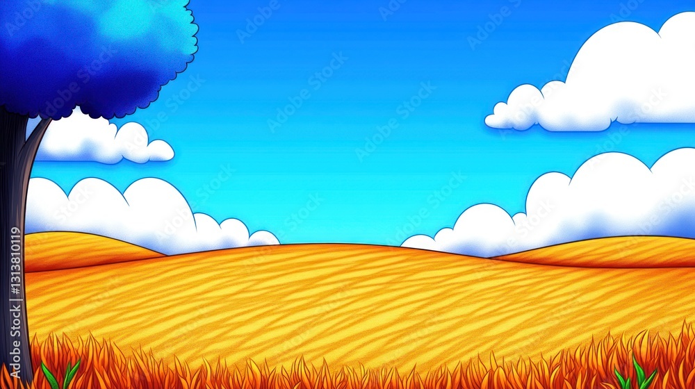 Cartoon landscape view of sunny field with blue tree against a cloudy, bright, sky Cartoon landscape view of sunny field with blue tree against a cloudy, bright, sky